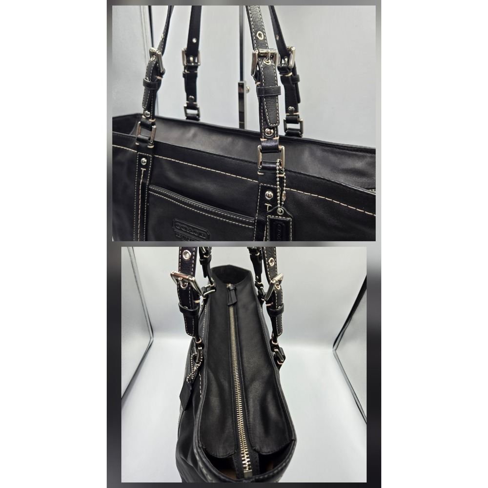 Coach Hampton Black Leather Tote Bag Contrast Stitch - Picture 8 of 11